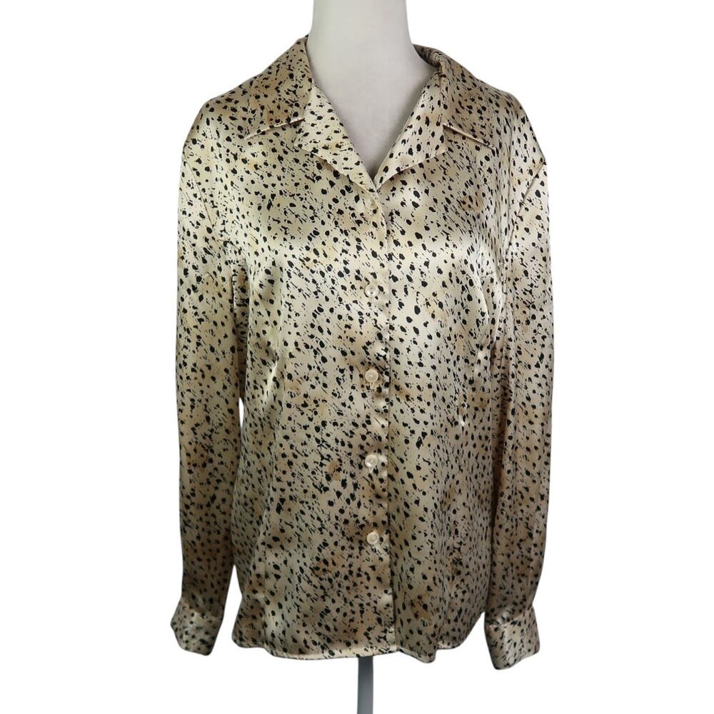 Vintage 90s Norton McNaughton Cream Black Satin Spot Print Blouse Top